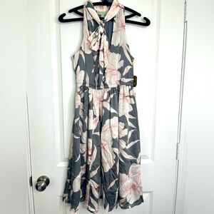 Ryegrass - V-neck Bow Tie Halter Floral Print Dress - Pink & Gray Size XS NWT